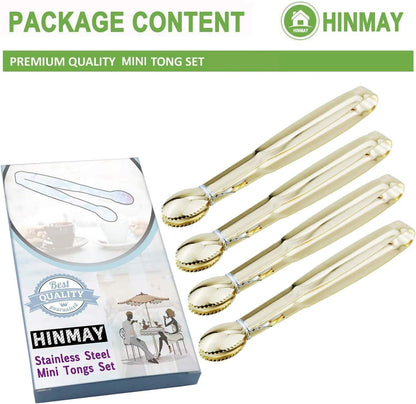 HINMAY Mini Appetizer Tongs 5.75" Stainless Steel Tongs, Set of 4 (Gold)