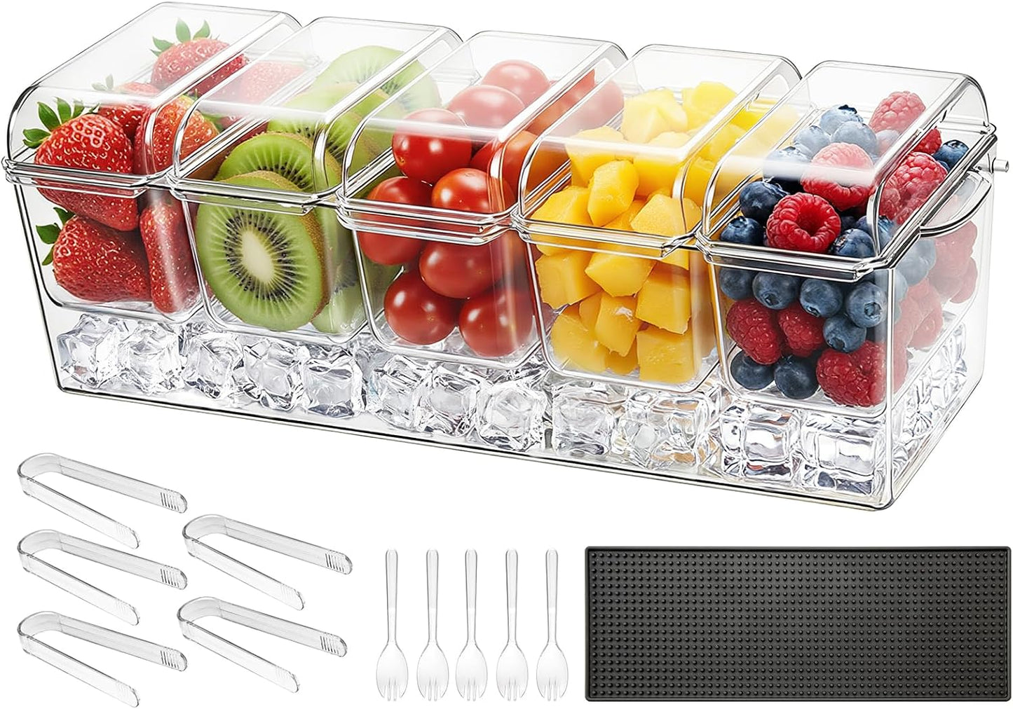 VEVOR Chilled Condiment Server Caddy, 5 Compartment Ice Cooled Serving Container, Plastic Fruit Garnish Tray Platter with Lid, for Taco Salad Bar Accessories, Party Home Restaurant Supplies