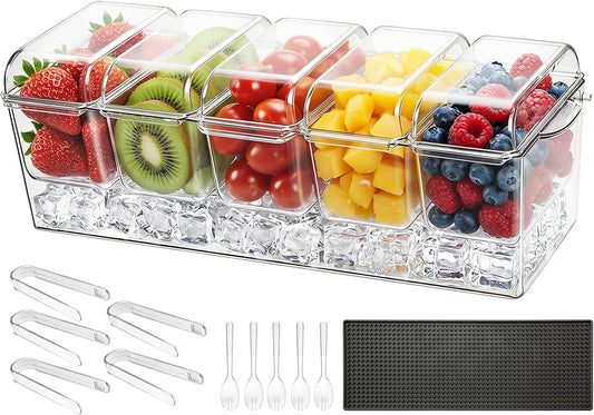 VEVOR Chilled Condiment Server Caddy, 5 Compartment Ice Cooled Serving Container, Plastic Fruit Garnish Tray Platter with Lid, for Taco Salad Bar Accessories, Party Home Restaurant Supplies