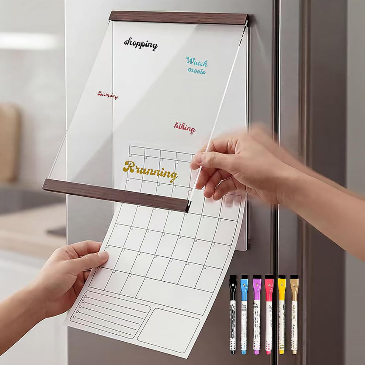 Fullin 12.6x8.3in Magnetic Whiteboard for Fridge - DIY Acrylic Fridge Calendar Board with 2 Printable Letter Size Templates, Dry Erase Marker, Weekly Monthly Planner for Kitchen