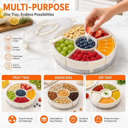 Divided Serving Tray with Lid and Handle, Rounded Snackle Box with 6 Compartments and Chill Base for Fruits, Candy, Veggie, Portable Travel Snack Container, 12 Inch