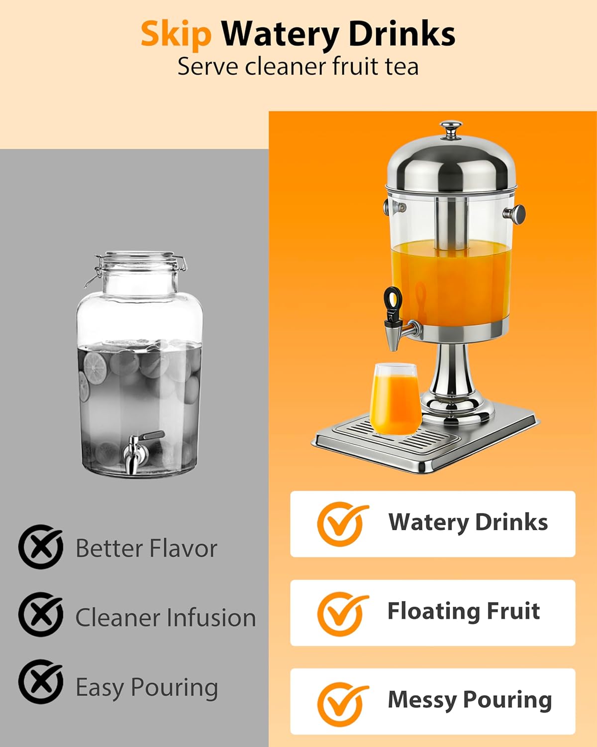Beverage Dispenser with Stand, 3 Gallon Drink Dispenser for Parties,Events,Buffet &Self-Serve,Dual Ice Tube Core Fruit Infuser,Leakproof Spigot,Clear PC Container, Stainless Steel Lid&Base