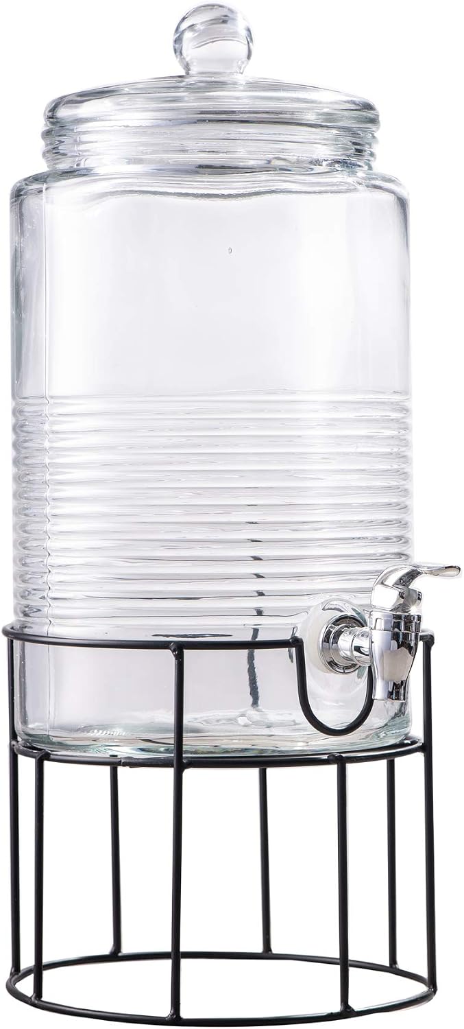 Style Setter Beverage Dispenser Cold Drink Dispenser Glass Jug, Metal Stand & Leak-Proof Acrylic Spigot Great for Parties, Weddings & More (With Metal Rack)