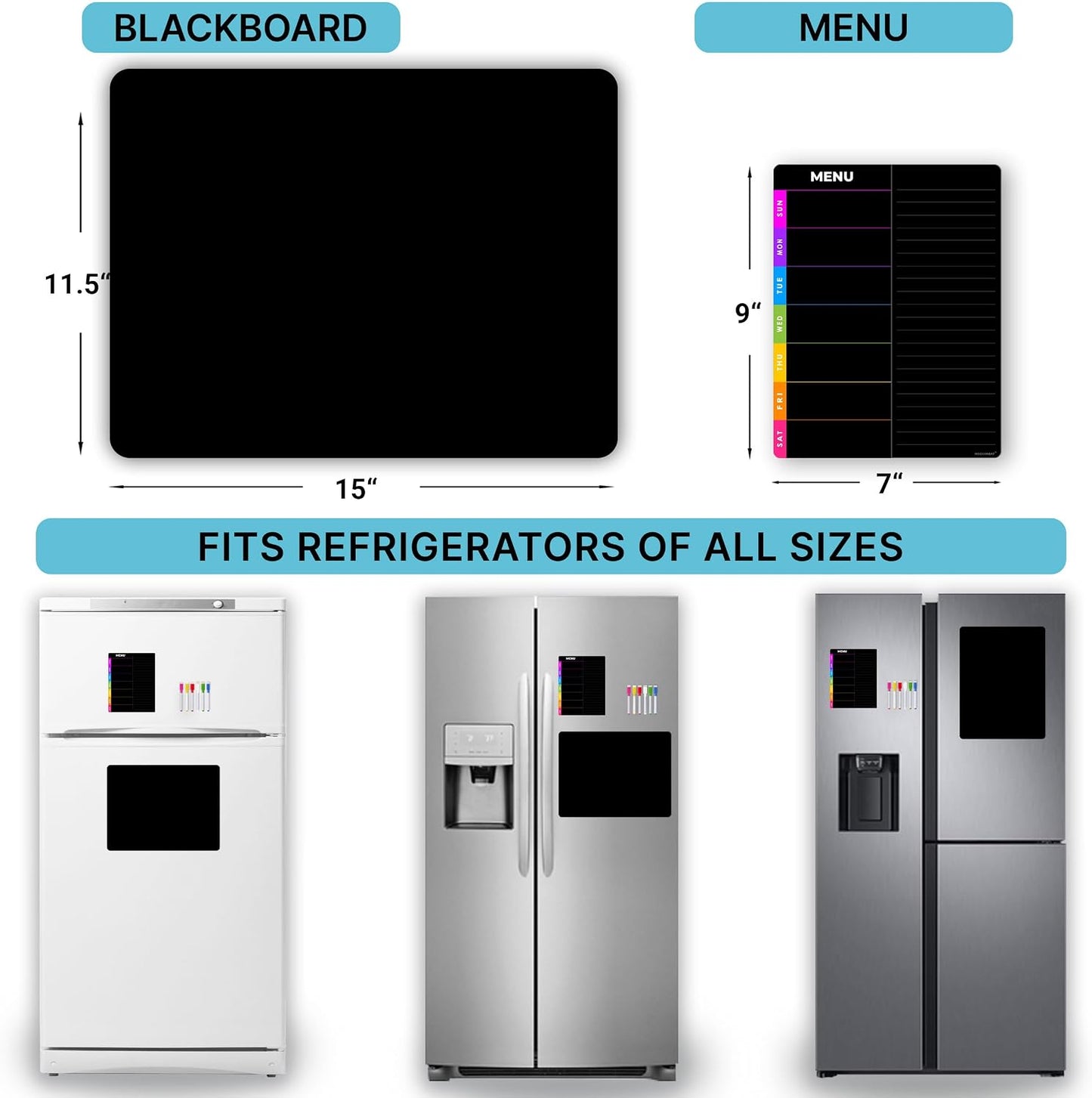 Magnetic Blackboard for Fridge - Dry Erase Black Board for Home, Office & Classroom (11.5" x15”), Menu Board for Kitchen Fridge - Family Meal Planner (7" x9”) - 6 Fine Tip Magnetic Markers & Eraser