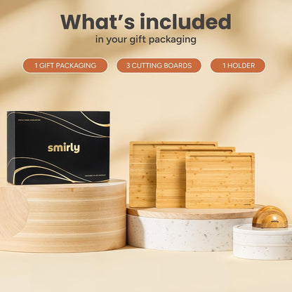 SMIRLY Walnut Cutting Board for Kitchen - Wood Cutting Boards with Handle and Juice Groove for Meal Prep, Serving, Charcuterie - Kitchen Gadgets - Non Toxic Wooden Chopping Board Set of 3 with Holder