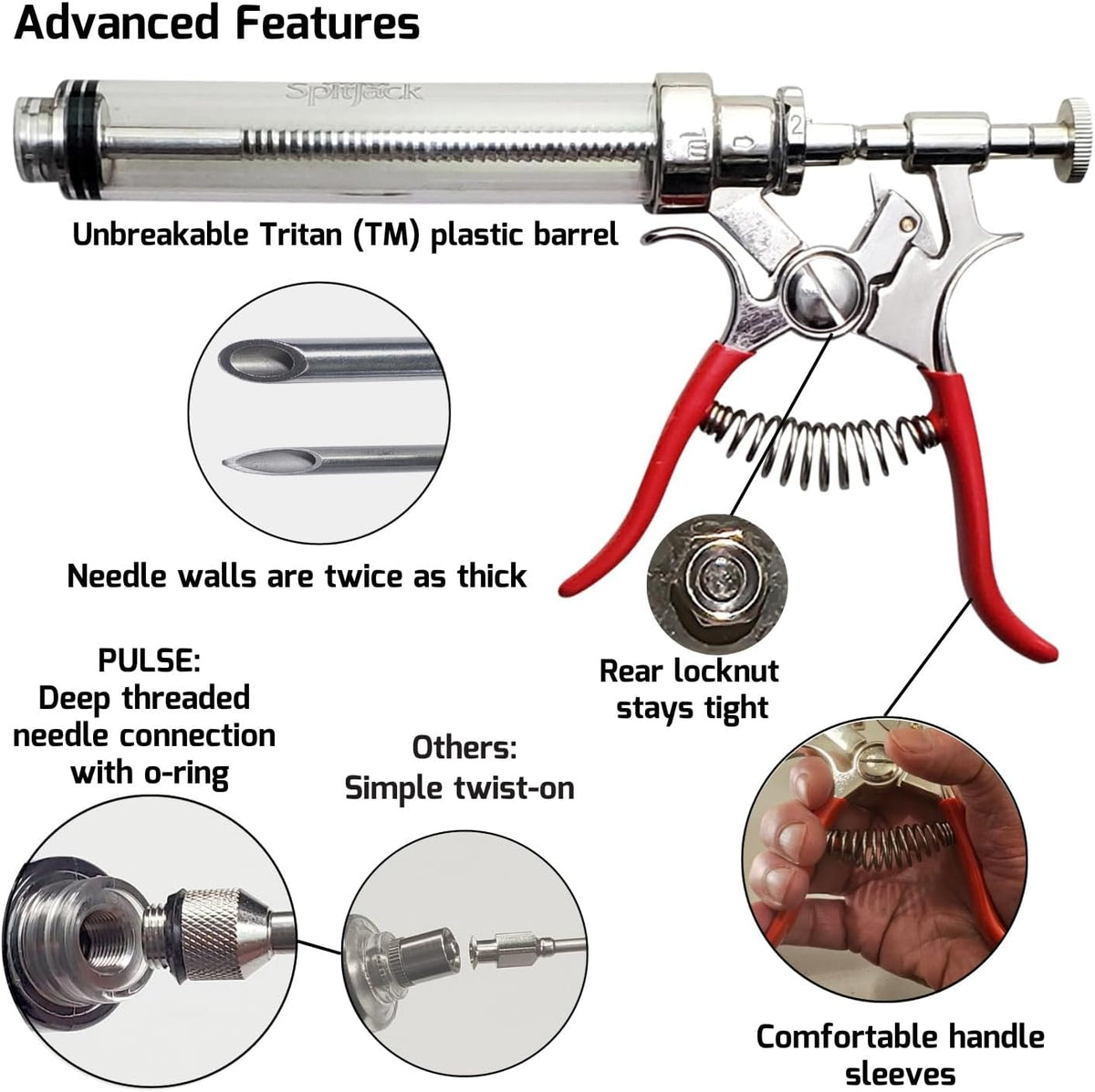 SpitJack PULSE Meat Injector Gun, BBQ Meat Marinade Injector Kit for Brisket, Pork Shoulder, and Chicken, 50ml with 4 Stainless Steel Needles, Case and Guide