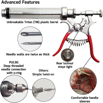 SpitJack PULSE Meat Injector Gun, BBQ Meat Marinade Injector Kit for Brisket, Pork Shoulder, and Chicken, 50ml with 4 Stainless Steel Needles, Case and Guide
