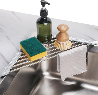 Tomorotec Foldable Stainless Steel Triangle Roll-Up Dish Drying Rack for Small Sink Corners - Over-The-Sink Multipurpose Kitchen Drainer, Rustproof Organizer, Trivet and Shelf - Space-Saving (Black)
