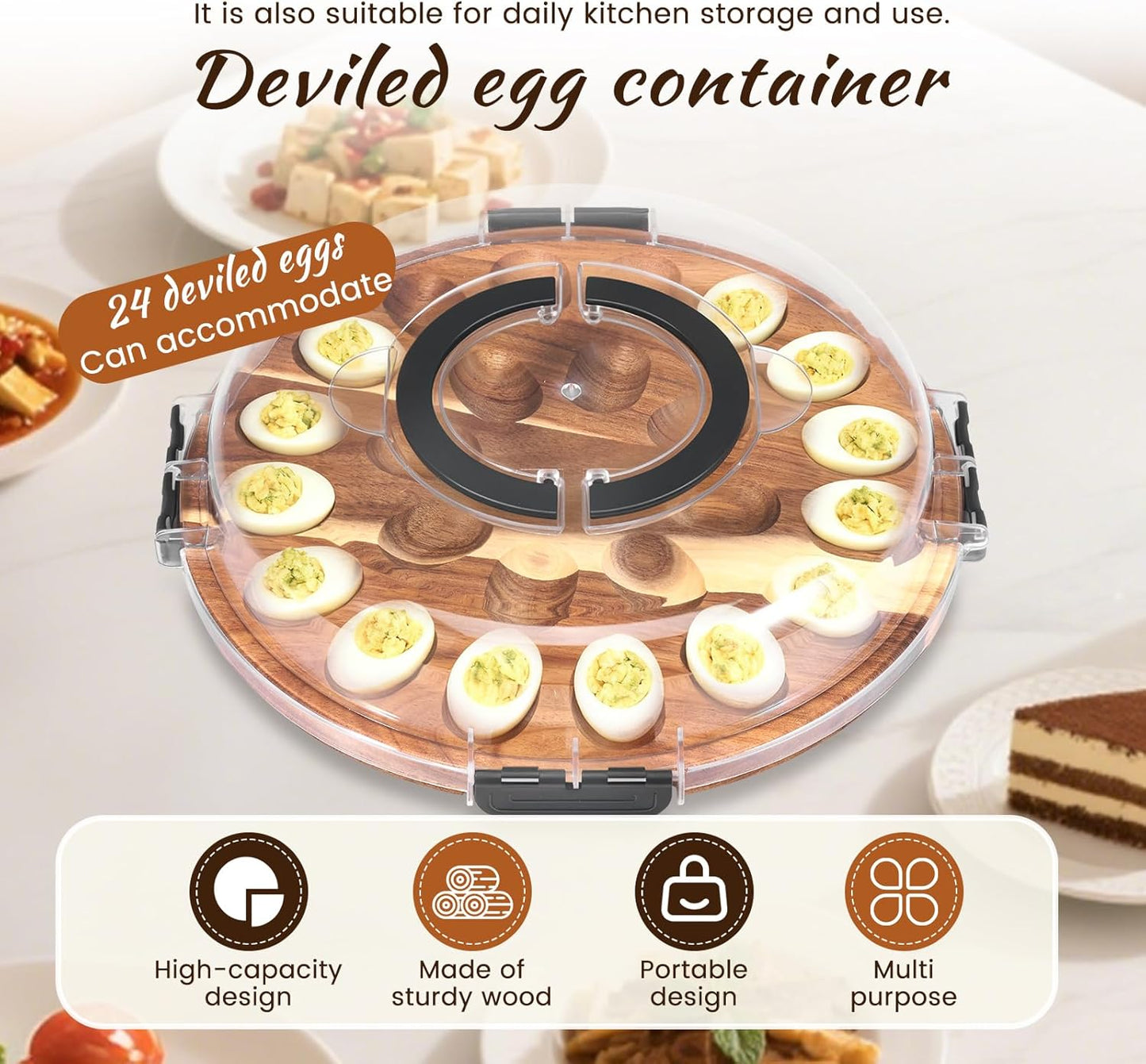 Deviled Egg Container with Lid, 2026 Upgraded Wooden Deviled Egg Platter Carrier Holder Trays with 24 Slots for Party and Home Kitchen Countertop Clear Lid Dishwasher Safe