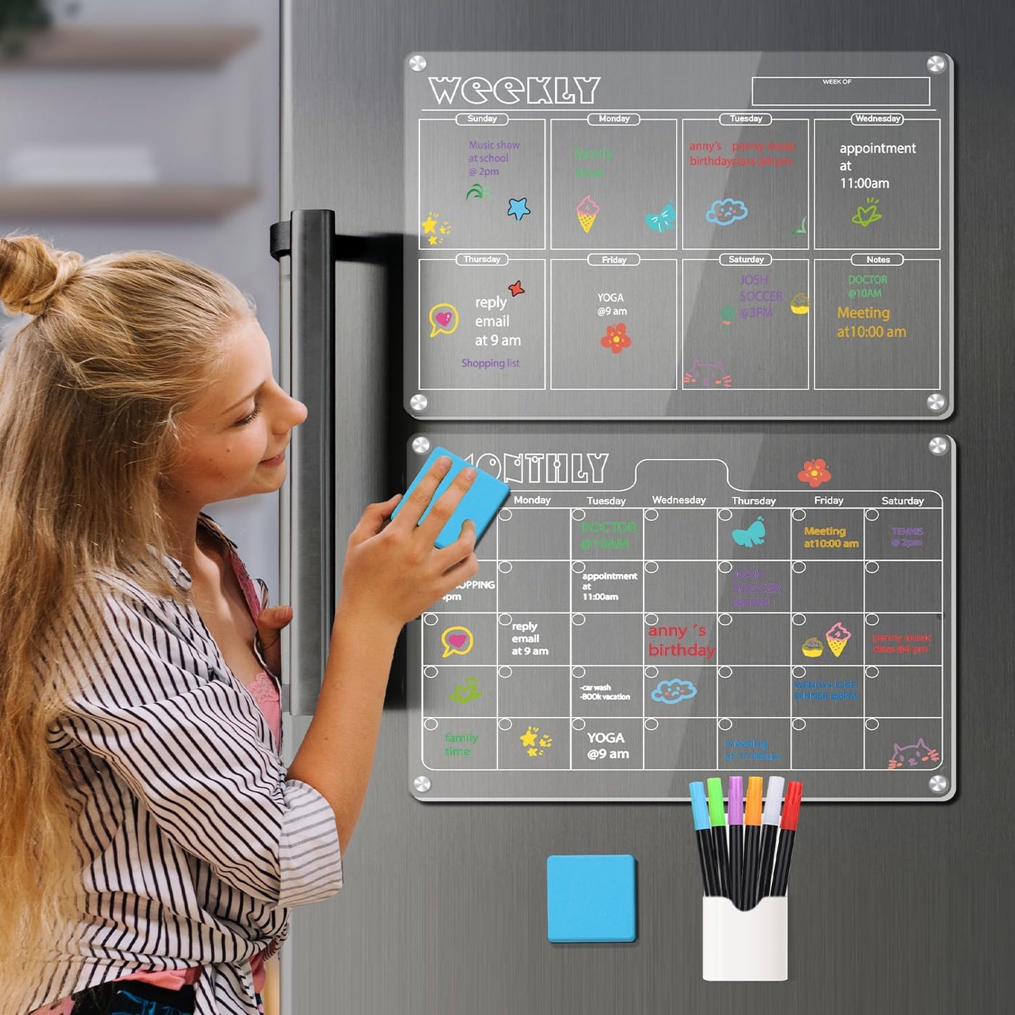 Hivillexun 16.5"x12" Clear Acrylic Magnetic Dry Erase Calendar Board with Monthly & Weekly Planner, 6 Markers & Large Eraser for Fridge, Office, Home (White)