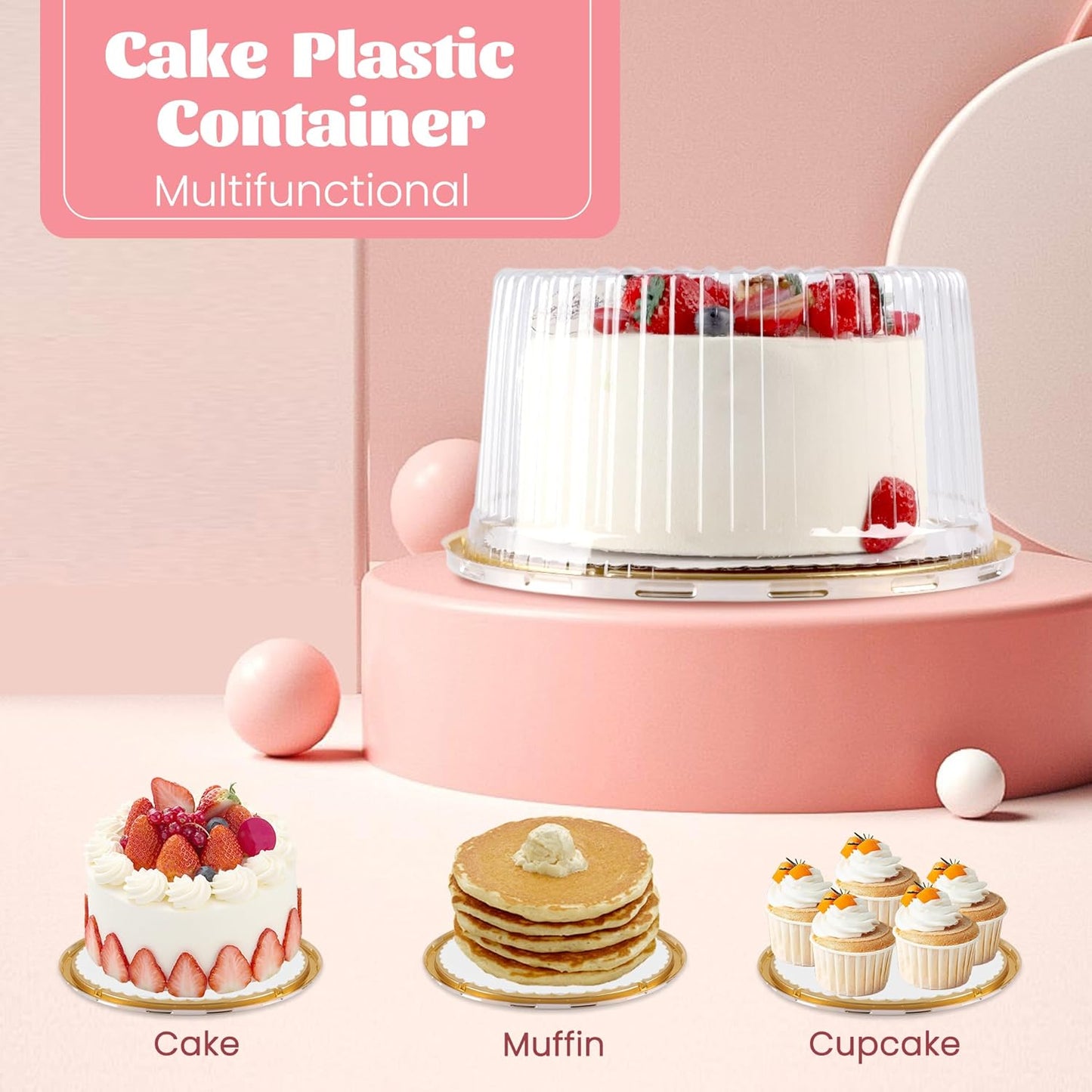NPLUX 10 Inch Plastic Cake Carriers Gold Cake Containers with Lid and White Cake Boards, Clear Cupcake Holder for 1-2 Layer Cheesecake, Bakery Supplies, Graduation Gifts Party Favors(5 Pack)