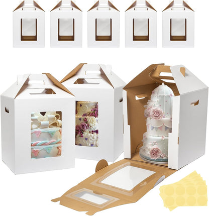 Wowxyz 3 Pack Tall Cake Boxes for Tier Cakes 12x12x14 Inch Disposable Layer Tall Baking Carrier with Window Large Tierd Bakery Take Out Transport Containers with Handle for Wedding, Birthday, Party