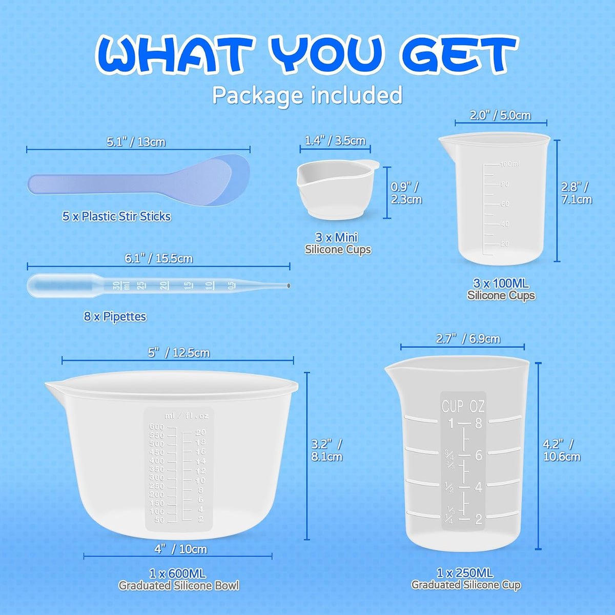 Silicone Resin Mixing Measuring Cups for Resin Supplies, 600ml/20oz Bowl, 250 & 100ml Thickened Reusable Silicone Cups for Epoxy Mixing, with Stir Sticks and Pipettes, Jewelry Making