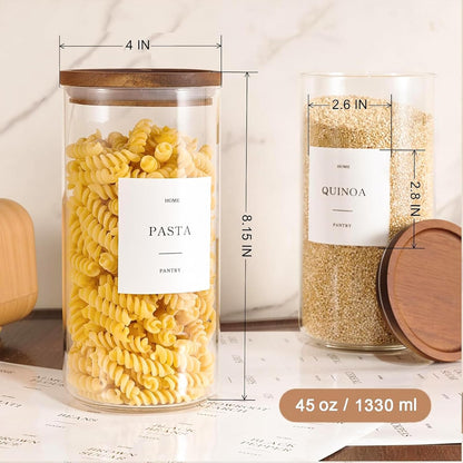 2 Pack Glass Rice Containers with Acacia Wood Lids, 70oz Airtight Flour and Sugar Jars with 105 Labels, Large Glass Pantry Storage Jars for Cereal, Protein Powder, Cookies, Dry Food