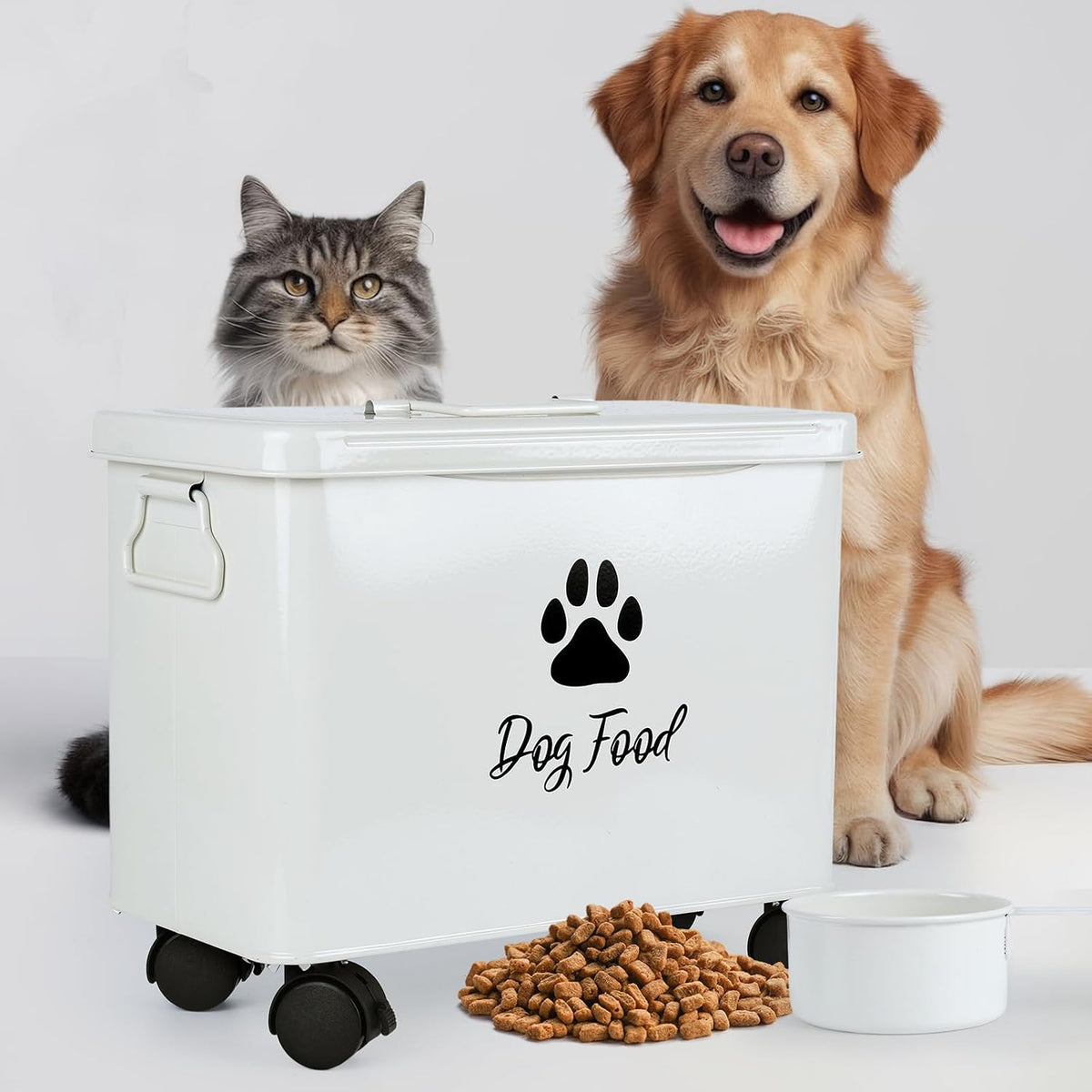 Dog Food Container 13lb, Cute Airtight Pet Food Storage Containers with Metal Lid Scoop, Black Metal Storage Bin for Dog/Cat with Wheels,Easy to Move