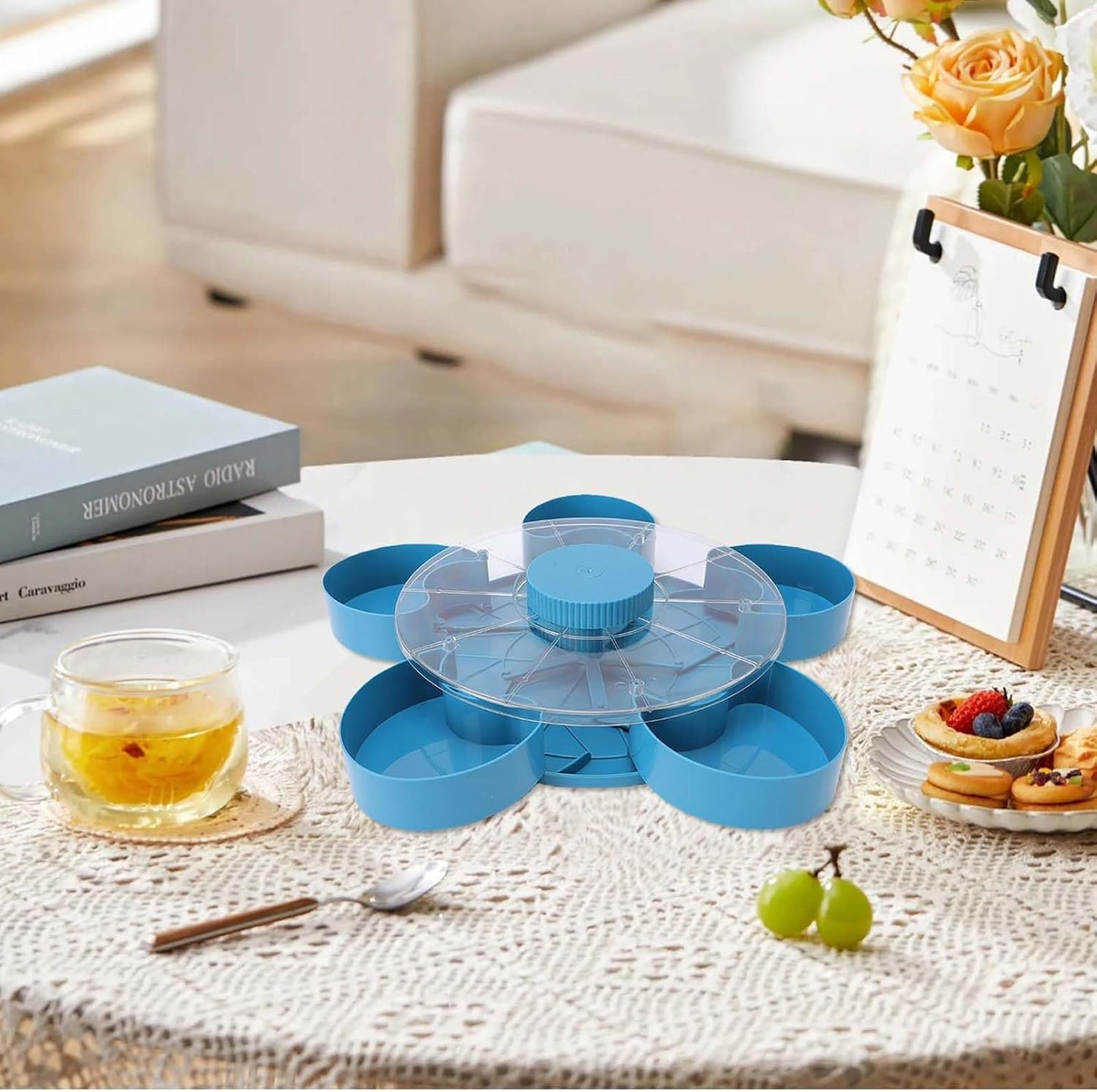 Ymiko 5 Compartment Rotating Snack Tray with Lid Veggie Fruit Tray Vegetable with Dip for Party Appetizers Picnic Kitchen Non Slip Base ABS 9.75in