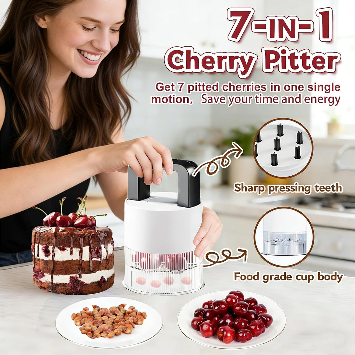 7-in-1 Cherry Pitter Tool,1.5" Extra Large Slots Making Cherry Jam