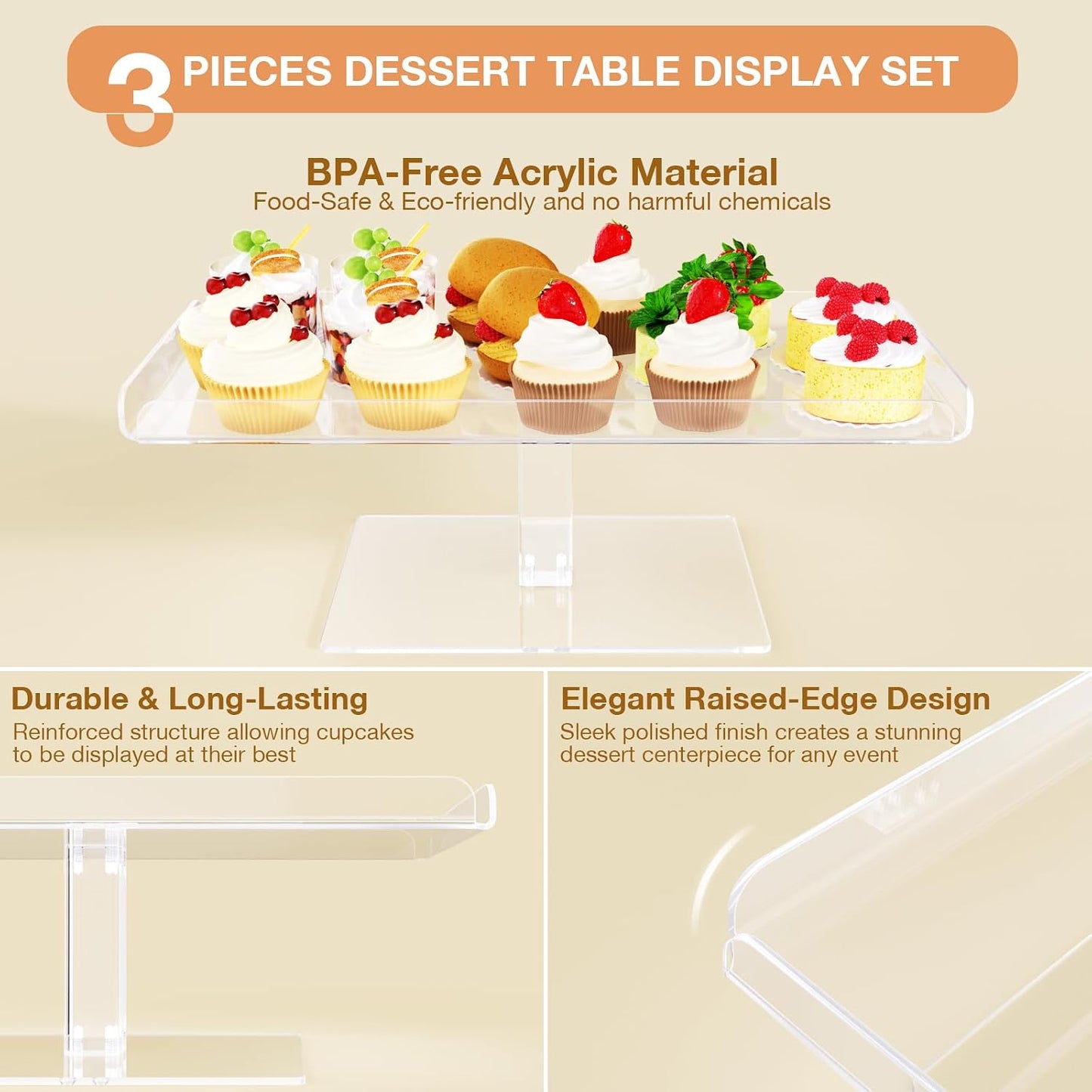Bakzon 3 Piece Cupcake Stand, Acrylic Dessert Table Display Set, Clear Square Serving Trays for Birthday, Wedding, Baby Shower