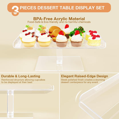 Bakzon 3 Piece Cupcake Stand, Acrylic Dessert Table Display Set, Clear Square Serving Trays for Birthday, Wedding, Baby Shower