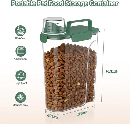 Uppetly Dog Cat Food Storage Container, 5-7Lbs Pet Food Containers, Airtight Cat Food Container with Portable Handle & Measuring Cup, Small Animal Dry Food Dispenser for Dogs, Cats and Birds Green