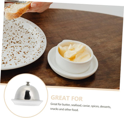 UKCOCO Ceramic Butter Dish with Stainless Steel Lid Beef Fat Tray and Relish Plate for Kitchen Restaurant Hotel Use Smooth Easy Clean Sauce Dish Covered for Food Storage and Serving
