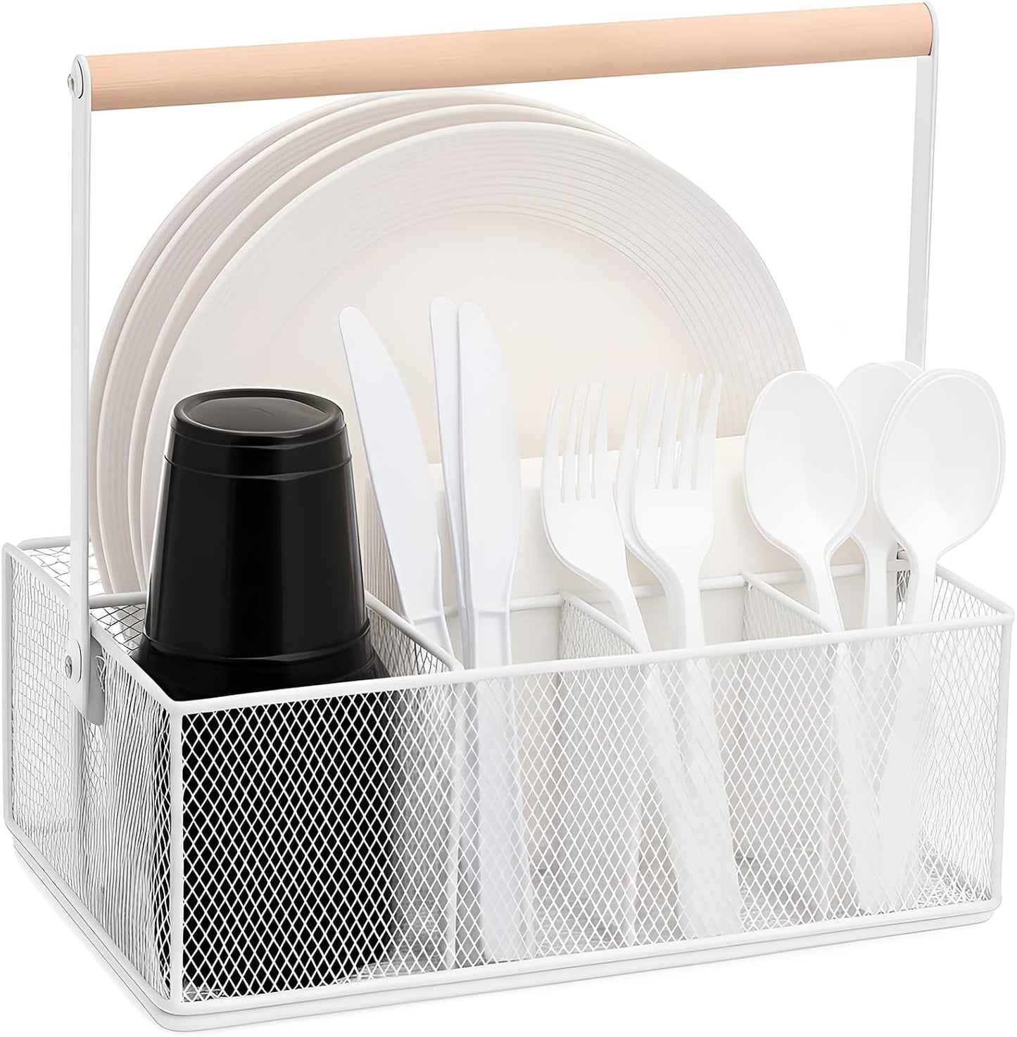 FoldTier Paper Plate Organizer with Handle for Countertop, Metal Utensil Silverware Caddy Cutlery Holder for Paper Plate Fork Spoon Cup Napkin Party Supplies Camping Picnic Accessories(White)