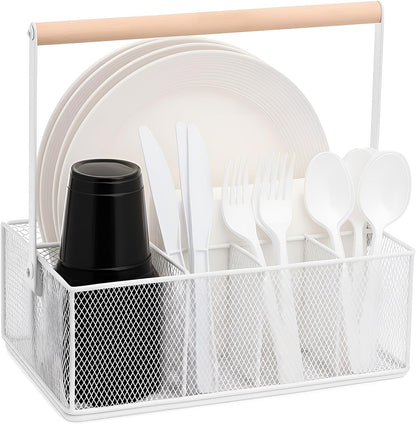 FoldTier Paper Plate Organizer with Handle for Countertop, Metal Utensil Silverware Caddy Cutlery Holder for Paper Plate Fork Spoon Cup Napkin Party Supplies Camping Picnic Accessories(White)
