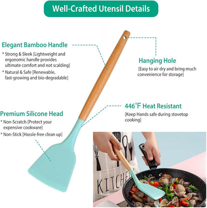11Pcs Silicone Cooking Utensils Set with Wooden Handle, Heat Resistant Kitchen Utensil Set incl Spatula, Ladle, Tongs & Whisk, Non-Stick & Dishwasher Safe w/Holder