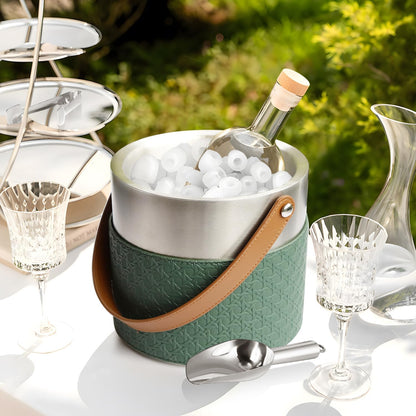 Bakpoco Double-Wall Vacuum Insulated Ice Bucket with Lid, Scoop, Ice Tong, Strainer & Leather Handle Keep Ice Frozen Longer Large Wine Ice Buckets for Cocktail Bar,Parties Chilling Beer Champagne 3L