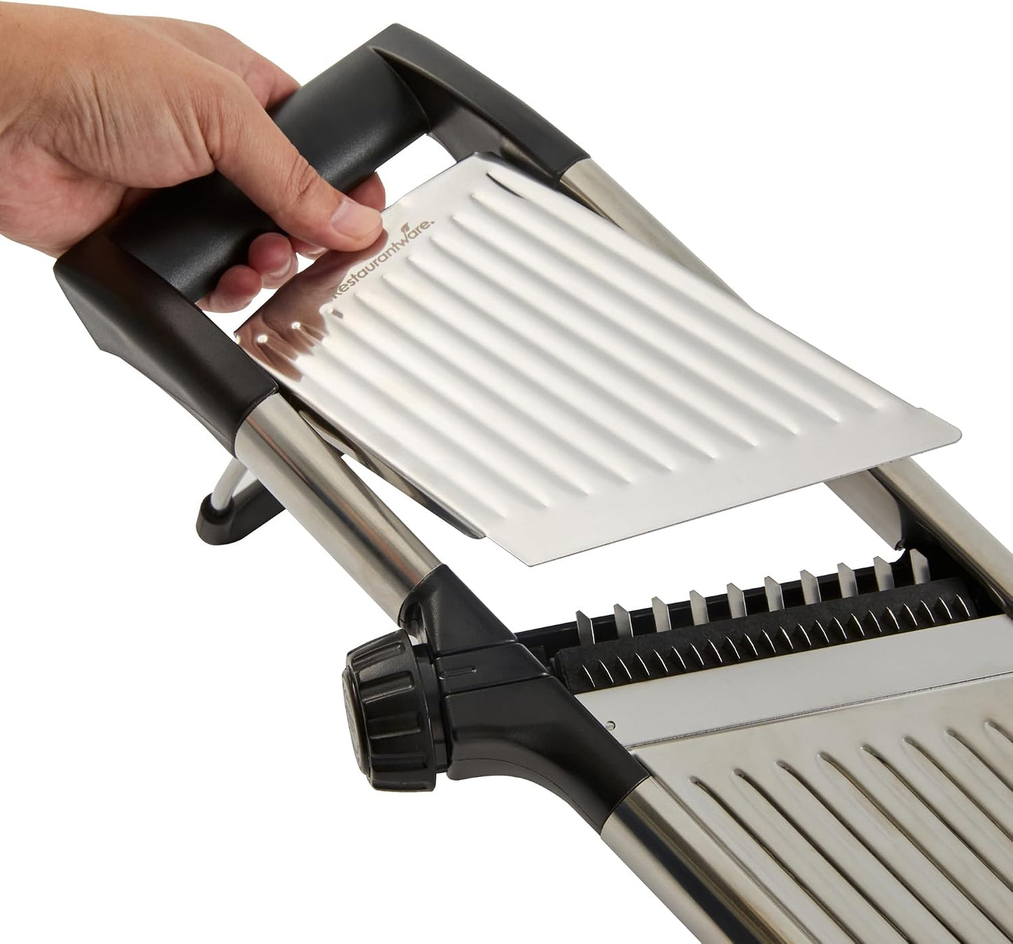 Restaurantware Stainless Steel Adjustable Mandoline Slicer - German Standard Vegetable Slicer with Blade Guard, Includes Cut-Resistant Gloves - Food Slicer for Potato, Onions, Cucumbers, Tomato