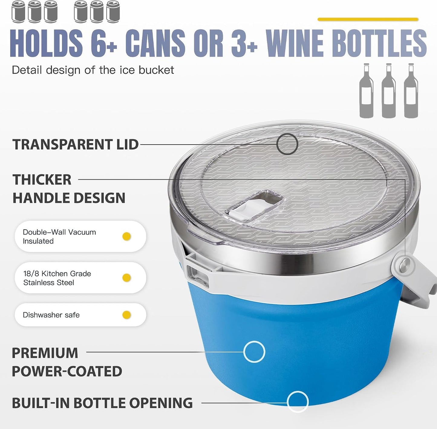 COKTIK 7L Vacuum Insulated Ice Bucket with Lid and Scoop& Tongs，Large capacity Stainless Steel Beverage Bucket for Cocktail, Champagne, Wine, Beer，Large Parties（Milk White Suit）