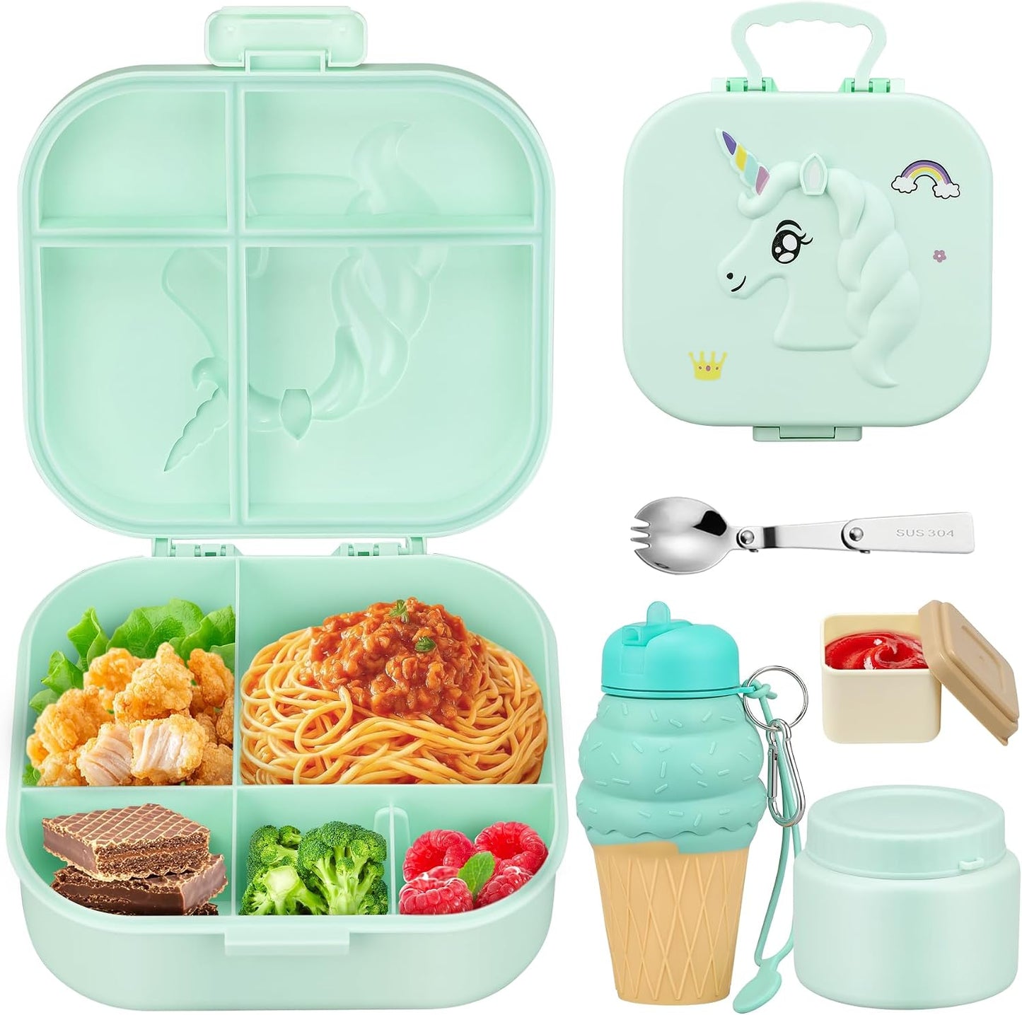 Aimsnk Magical Dinosaur Kids Lunch Box Set -12oz Insulated Food Jar, Leakproof Lunch Food Containers Cutlery, Leak-Proof Sauce Cup & Spoon, Gradient Green+Jar Green