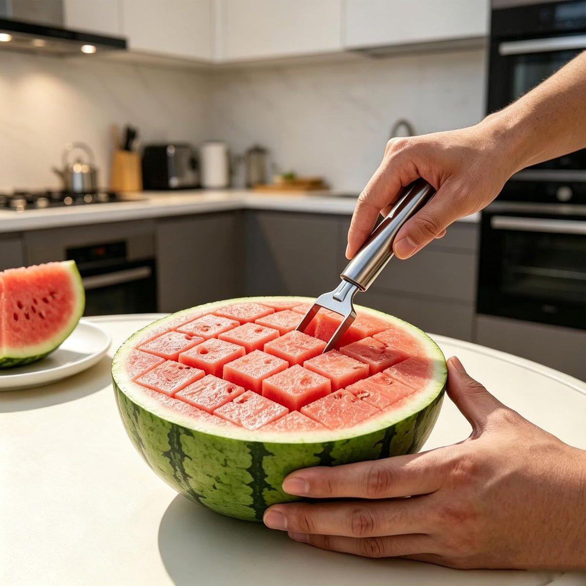 3 Pcs Watermelon Slicer Cutter Tool Set, 2 Dual Head Watermelon Fork Slicer & 1 Wooden Handle Triangle Watermelon Knife for Melon & Cantaloupe, Summer Fruit Cutting Kitchen Gadgets
