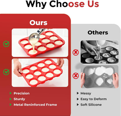 Silicone Muffin Pan for Baking: 12 Cup Muffin Pan with Metal Reinforced Frame, Regular Size Cupcake Egg Bites Molds for Baking, BPA Free Silicone Muffin Tray, Dishwasher Safe (1 Pack, Red)