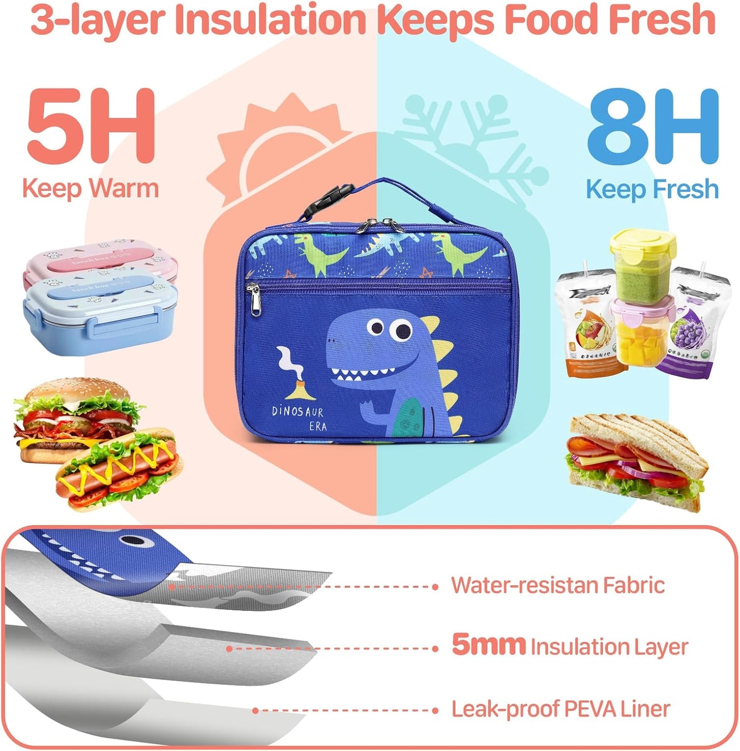 Kids Lunch Bag Boys - Insulated Kids Lunch Box Reusable Lunchbox with Water Bottle Holder Toddler Lunch Tote Bag for School Daycare, Black Dino Fossil