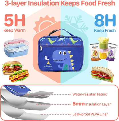 Kids Lunch Bag Boys - Insulated Kids Lunch Box Reusable Lunchbox with Water Bottle Holder Toddler Lunch Tote Bag for School Daycare, Black Dino Fossil