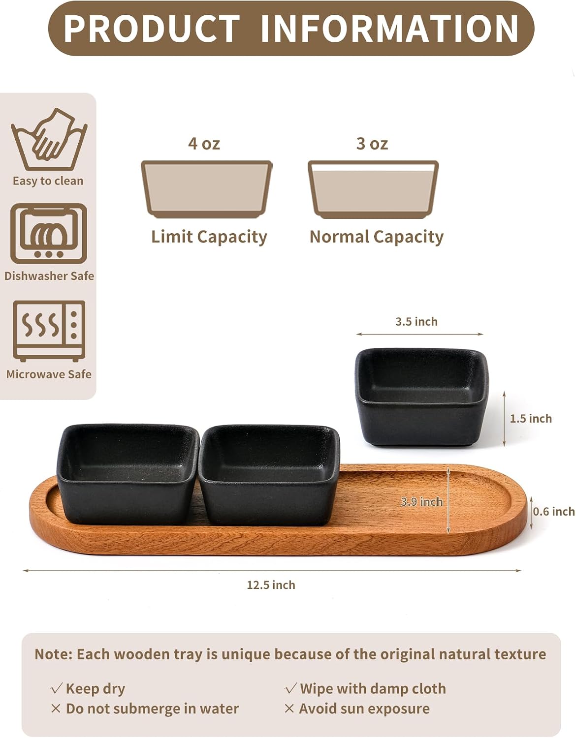 Chip and Dip Serving Set, Ceramic Dipping Sauce Bowls with Wooden Tray, 3.5 inch Side Dishes Set of 3 for Entertaining, Party, Buffets, Appetizers, Snacks and Sushi, Blue