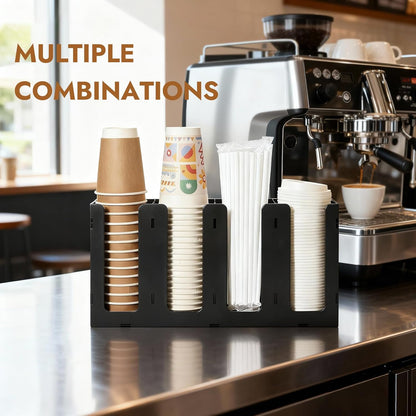 CURTA 4 Compartment Splicing Disposable Paper Cup Dispenser, Coffee and Lid Storage Organizer Holder for Countertop Bar,Restaurant,Breakroom,Party, Black