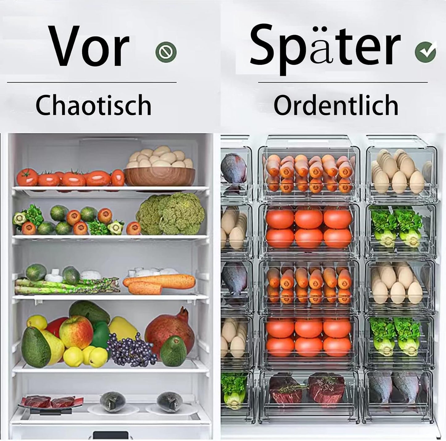 YekouMax Pantry Organizers and Storage Bins, Refrigerator Organizer, Plastic Stackable Storage Bins with Drawers, Pull-Out Cabinet Containers for Fridge Kitchen Office (2 PACK, Extra Large & Medium)
