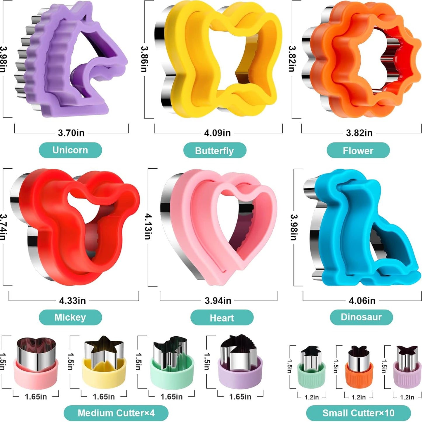 20Pcs Sandwich Cutter and Sealer Set for Kids, Decruster Maker Holiday Heart Cookie Cutters Fruit Vegetable Shapes Boys & Girls Bento Lunch Box with Mickey Mouse Dinosaur Star, etc