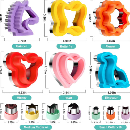 20Pcs Sandwich Cutter and Sealer Set for Kids, Decruster Maker Holiday Heart Cookie Cutters Fruit Vegetable Shapes Boys & Girls Bento Lunch Box with Mickey Mouse Dinosaur Star, etc