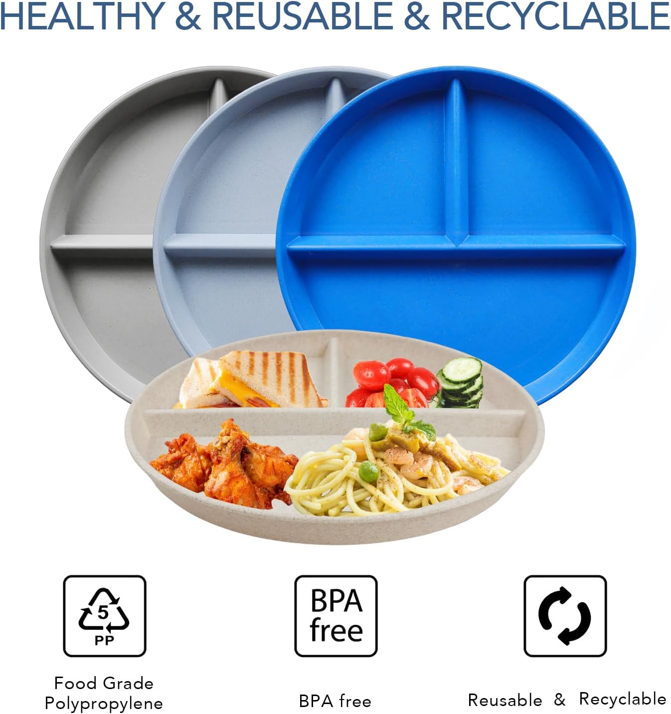 greenandlife 9 Inch 4PCS Portion Control Plates with Lids, Divided Plates for Kids Adults, Dishwasher Microwave Safe Compartment Plate, Unbreakable Lightweight Reusable Wheat Straw Plate, Earth Tone