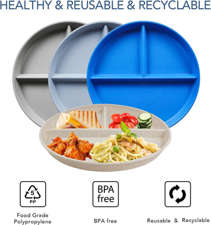 greenandlife 9 Inch 4PCS Portion Control Plates with Lids, Divided Plates for Kids Adults, Dishwasher Microwave Safe Compartment Plate, Unbreakable Lightweight Reusable Wheat Straw Plate, Earth Tone