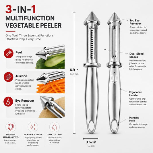 Stainless Steel Julienne Peeler, 3-in-1 Vegetable & Potato Peeler
