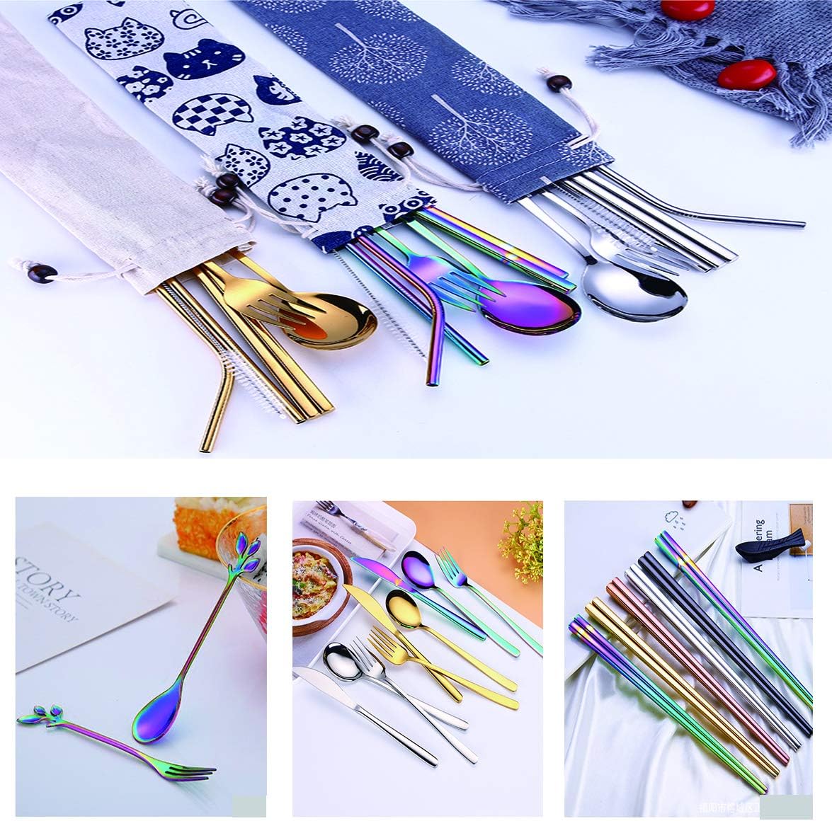 Travel Utensils Set with Case Reusable Stainless Steel Silverware Flatware Set 9 Pcs Portable Cutlery Eating Utensils Set for Lunch Boxes Workplace Camping School, Dishwasher Safe (Multi)