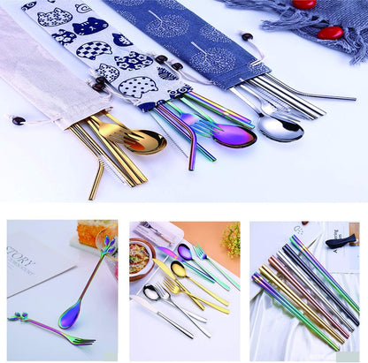 Travel Utensils Set with Case Reusable Stainless Steel Silverware Flatware Set 9 Pcs Portable Cutlery Eating Utensils Set for Lunch Boxes Workplace Camping School, Dishwasher Safe (Multi)
