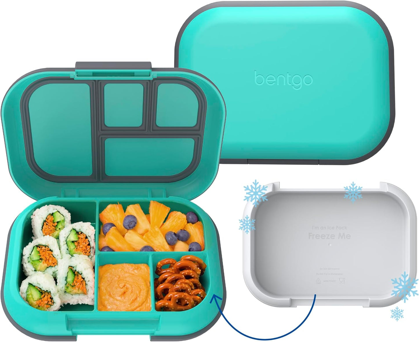 Bentgo Chill Kids Leak-Proof Lunch Box - 4-Compartment Bento Box with Built-In Ice Pack, 3.3 Cup Capacity, PFAS & BPA-Free, Microwave & Dishwasher Safe, Ideal Size for Ages 3 to 7 (Truly Teal)