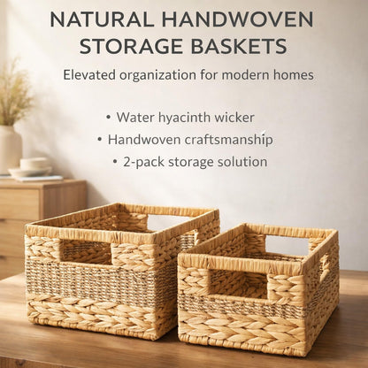 Water Hyacinth Baskets, Wicker Storage Baskets with Built-In Handles, Handwoven Natural Fiber Storage Basket Set of 2 for Shelves, Pantry, Bathroom & Closet Organization