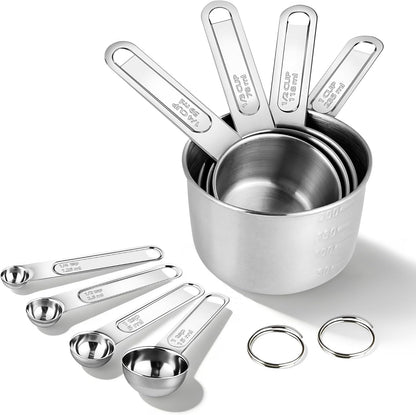 YC Kitchen Measuring Cups and Spoons Set, 8-Piece, Stainless Steel | Metal Handles, Stackable Design, for Dry and Liquid Ingredients - Dishwasher Safe for Cooking & Baking