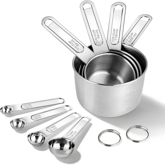 YC Kitchen Measuring Cups and Spoons Set, 8-Piece, Stainless Steel | Metal Handles, Stackable Design, for Dry and Liquid Ingredients - Dishwasher Safe for Cooking & Baking